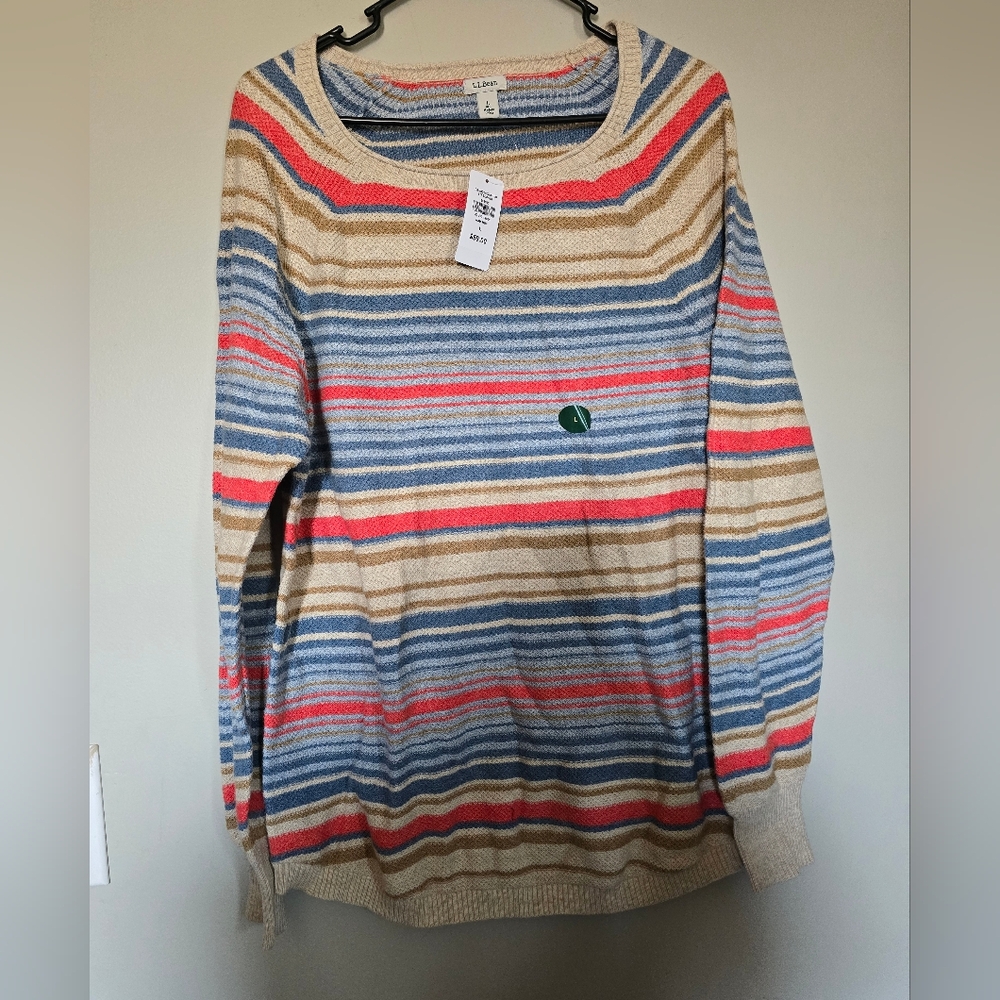L.L. Bean Striped Scoopneck Sweater in Beige, Blue & Coral Pink